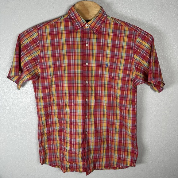 Vintage Polo Ralph Lauren Short Sleeve Button Up Shirt Mens Medium Pink Plaid - Picture 2 of 4